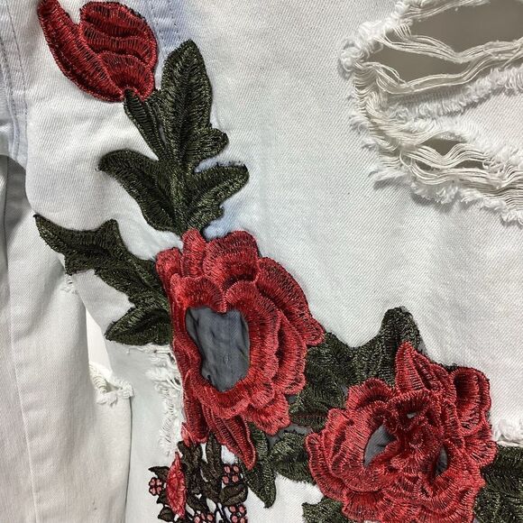 Emory Park Patch Work Rose Troublemaker Distressed Jean Denim Jacket Shacket - Picture 8 of 16